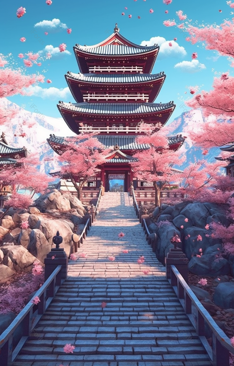 蓝天白云下古风建筑走廊楼梯粉色樱花花瓣飞舞飘落景象,插画/手绘图,插画/手绘图库,插画/手绘图下载,插画/手绘